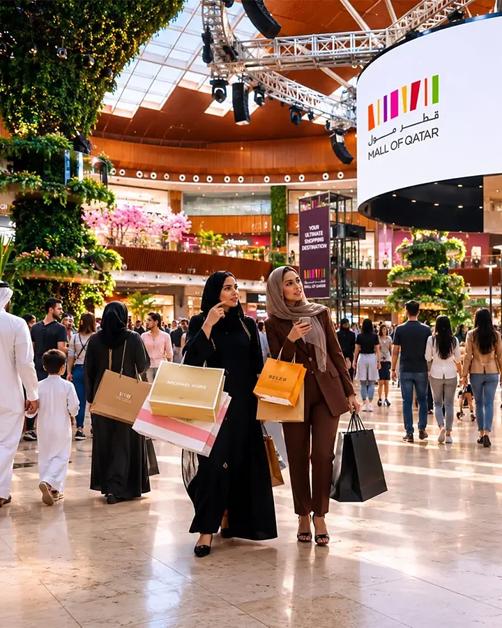 Shoppers walking through a mall atrium with shopping bags
